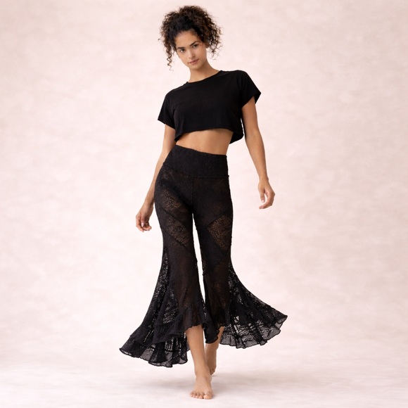 free people movement Pants - Free People Black Boho High Waisted Flare Mesh Crochet Ruffle Medium Leggings
